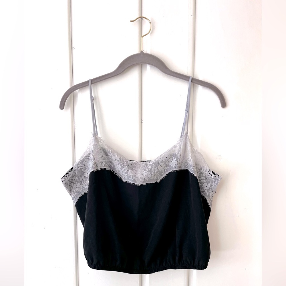 Free People Black and Gray Lace Trim Cami Top, Sz L